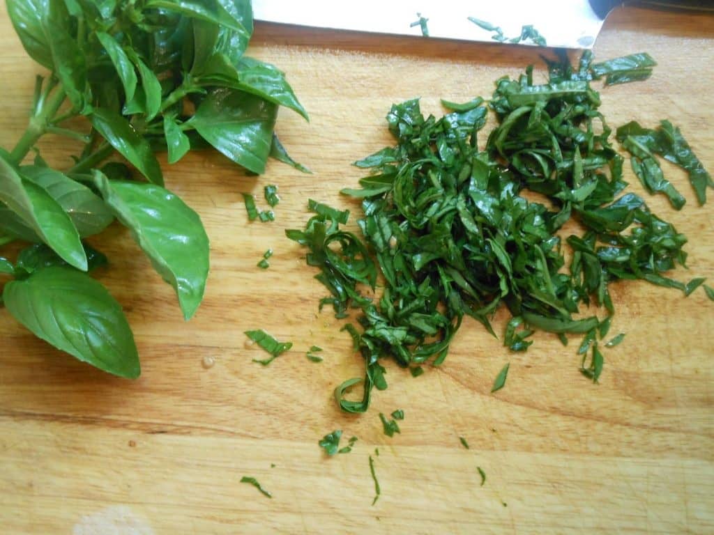 fresh garden basil cut for Tomato Bruschetta