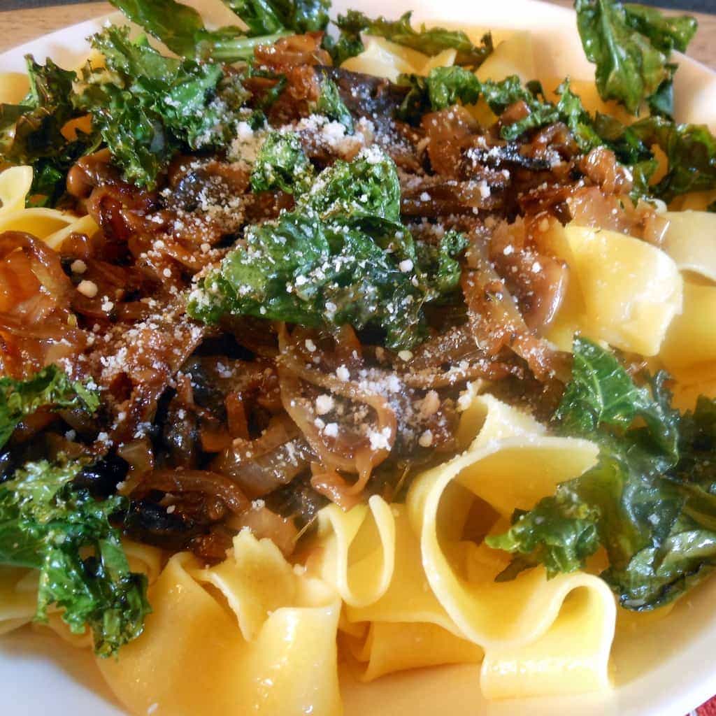 Pappardelle with Caramelized Onions & Crispy Kale Sugar Dish Me
