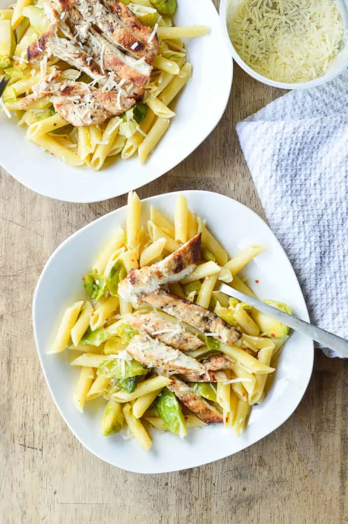 Easy Penne with Brussels Sprouts and Grilled Chicken plated and ready to eat!