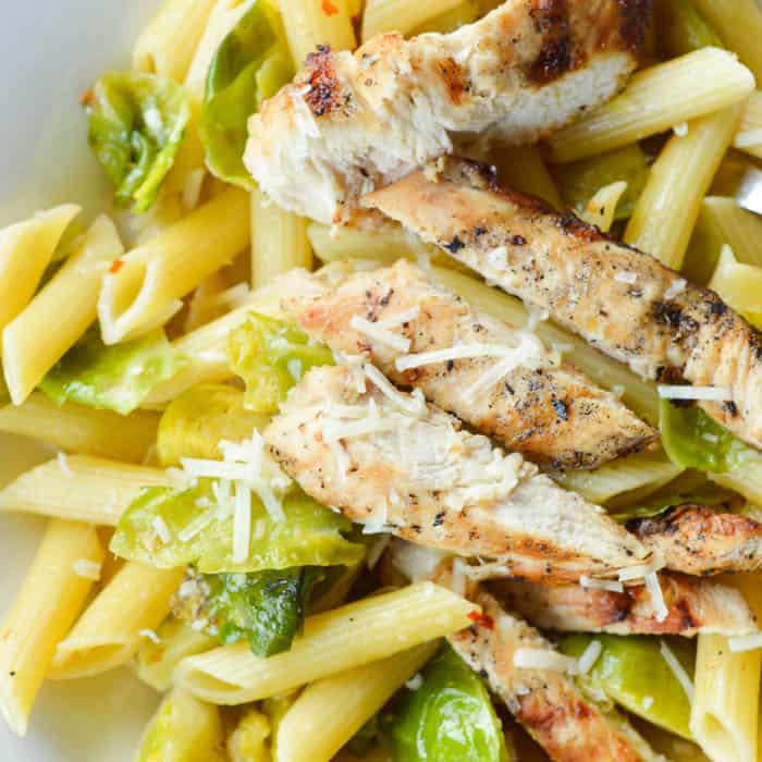 Penne with Grilled Chicken and Brussels Sprouts