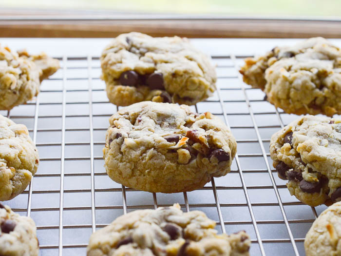 Cooling chocolate chip pecan cookies on a wire rack