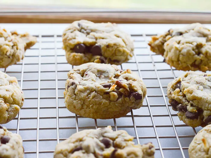 Cooling chocolate chip pecan cookies on a wire rack