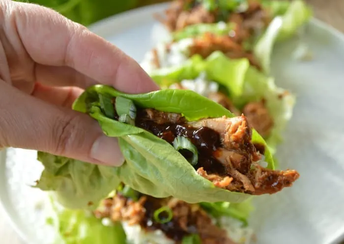 Slow Cooker Chinese hacked Pork in a Lettuce Wrap with Jasmine Rice