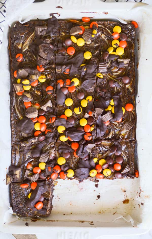 Reese's Peanut Butter Cheesecake Brownies overhead view still in the pan
