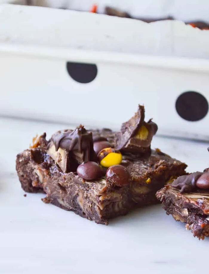 Peanut Butter Cup Brownies with Reese's Pieces on top