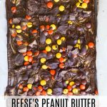 Reese's Peanut Butter Cheesecake Brownies in a pan studded with Reese's Pieces