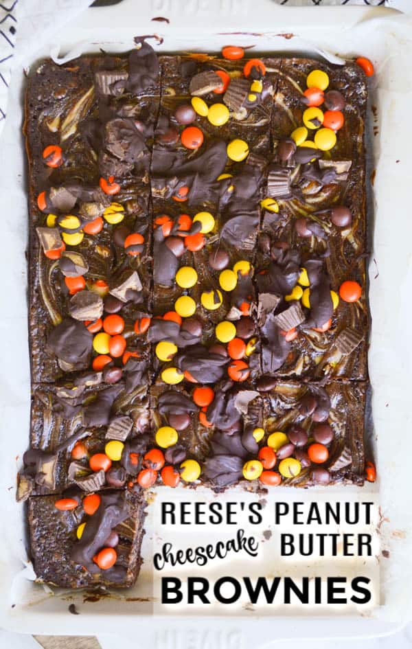 Reese's Peanut Butter Cheesecake Brownies with Reese's Pieces and Peanut Butter Cups