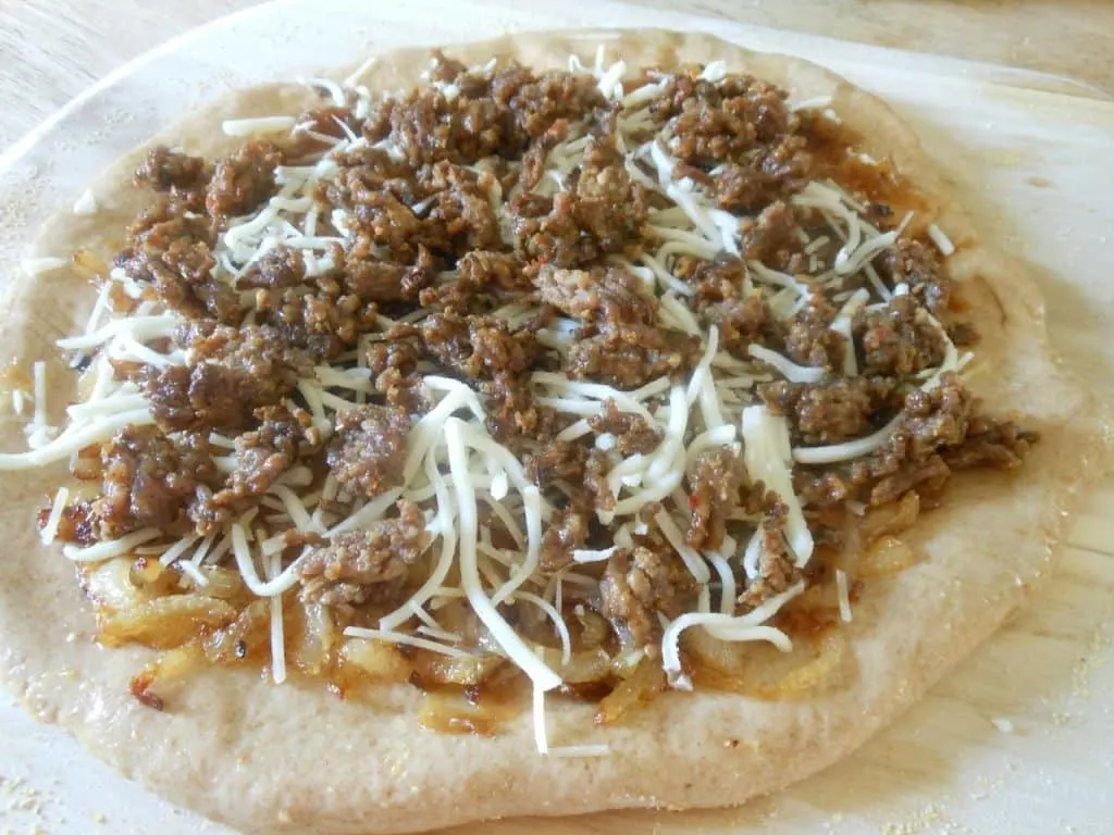 Caramelized Onion Pizza with Honey Slaw