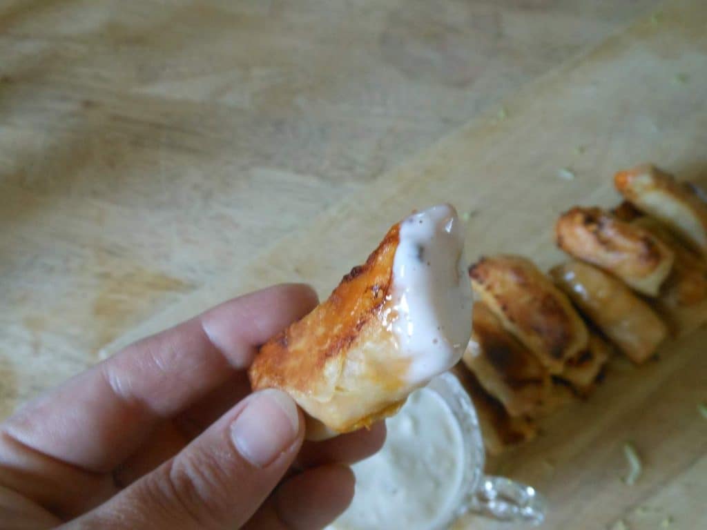 buffalo chicken rolls in creamy blue cheese