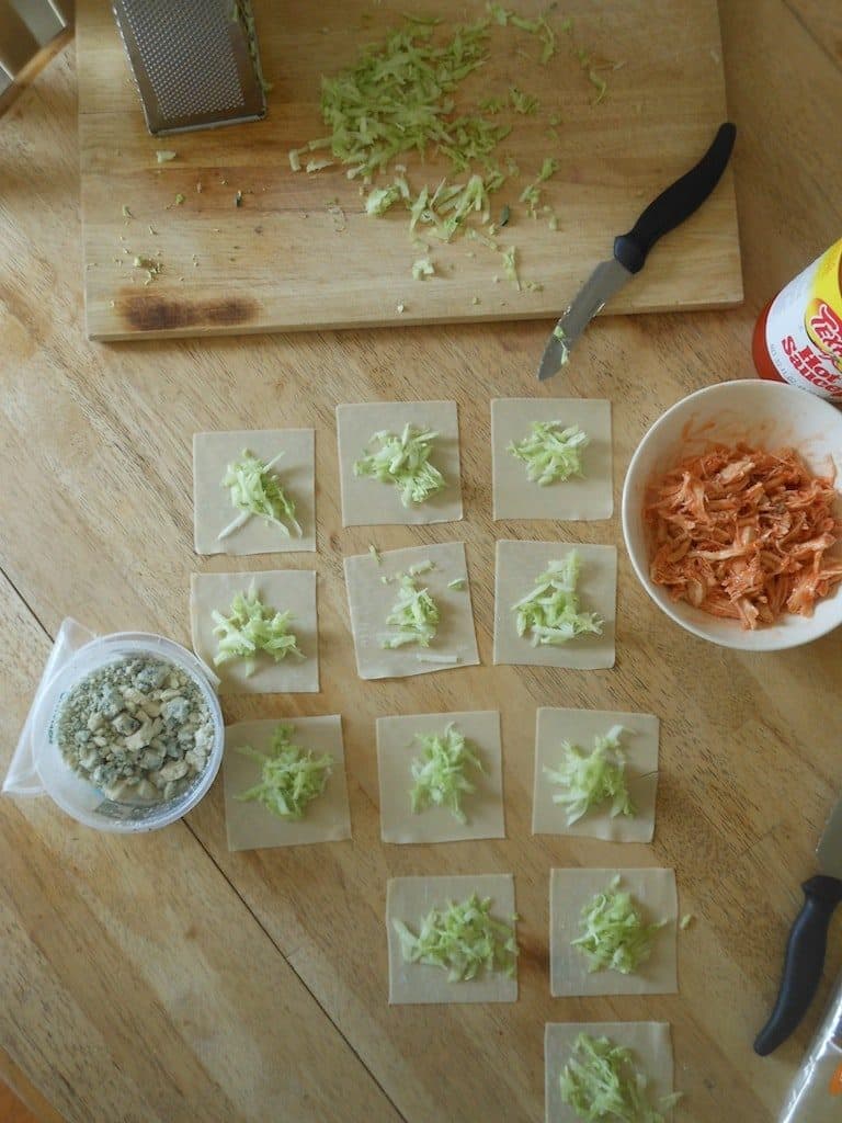 setting up for baked buffalo chicken rolls