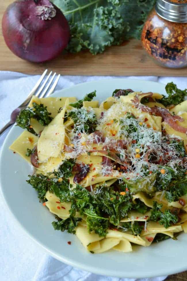 Pappardelle with Caramelized Onions and Crispy Kale