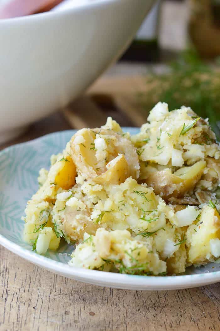 Easy Dill Potato Salad up close; made with tender potatoes, a vinegar-based dressing, and lots of fresh dill