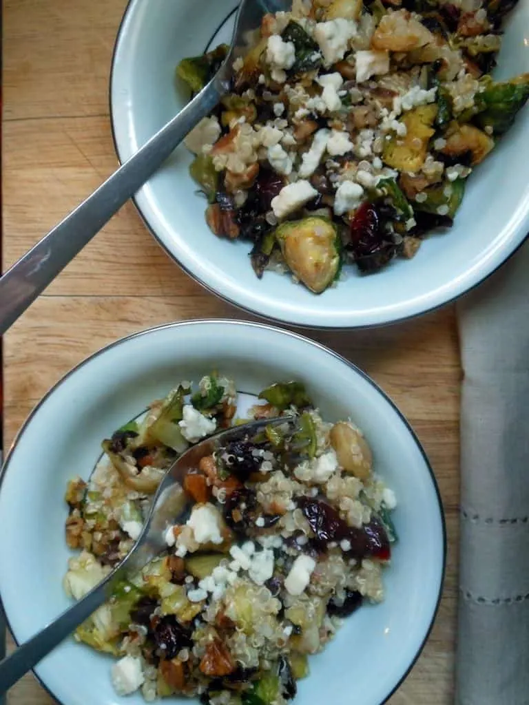 Warm Quinoa Salad with Brussels sprouts  + Cranberries + Pecans