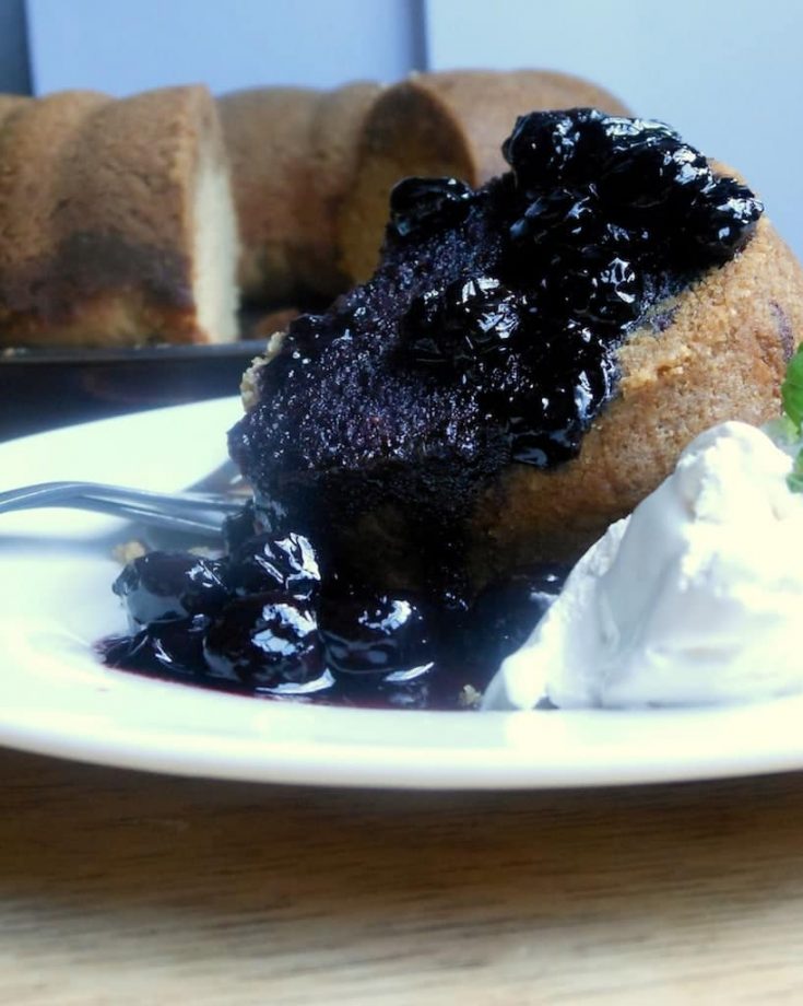 Brown Butter Bundt Cake with Roasted Blueberry Sauce