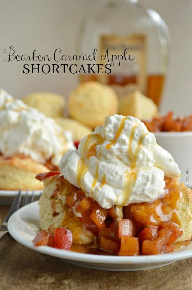 Fluffy shortcakes topped with spiced cooked apples, whipped cream, and drizzled with bourbon caramel. 