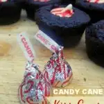 Candy Cane Kiss Cups; little soft chocolate brownie cookies topped with a candy can kiss!