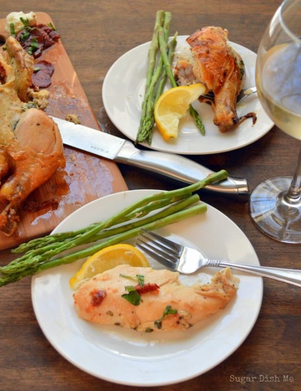 Goat Cheese, Sun Dried Tomato, and Basil Stuffed Chicken Sugar Dish Me