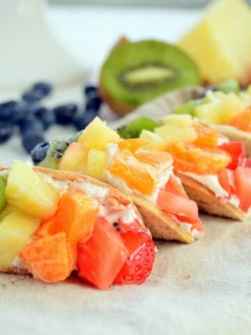 Mini Rainbow Fruit Tacos with Cream Cheese Dip