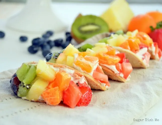 Mini Rainbow Fruit Tacos with Cream Cheese Dip