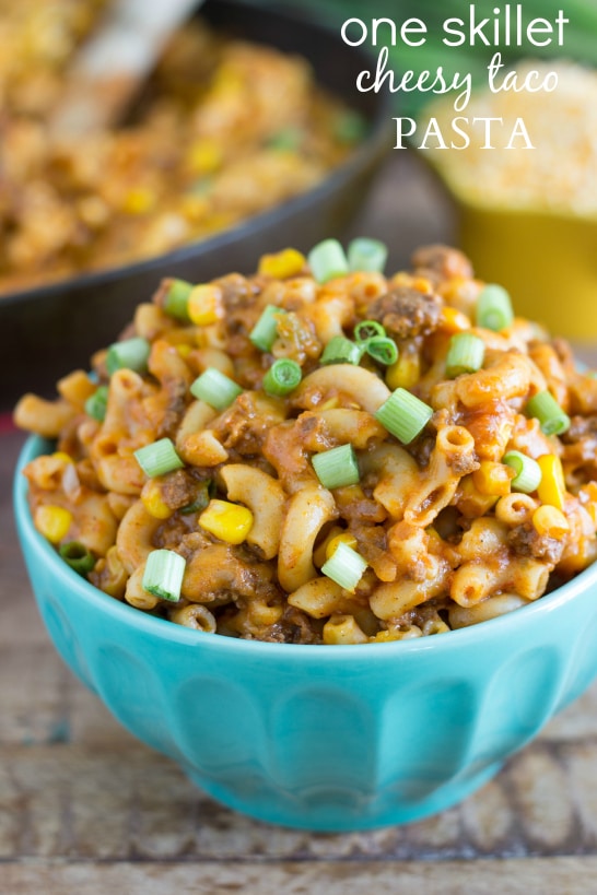 One Skillet Cheesy Taco Pasta via Chelsea's Messy Apron; Meal Plans Made Simple