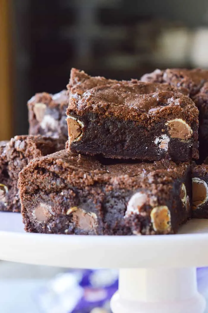 Cake plate of thick and fudge-ey Cadbury Candy Egg Brownies