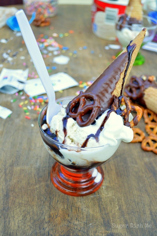 Chubby Hubby Sundae Cones with chocolate, peanut butter, and pretzels