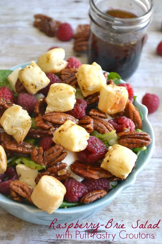 Raspberry Brie salad with Puff Pastry Croutons via Lemon Tree Dwelling; Meal Plans Made Simple