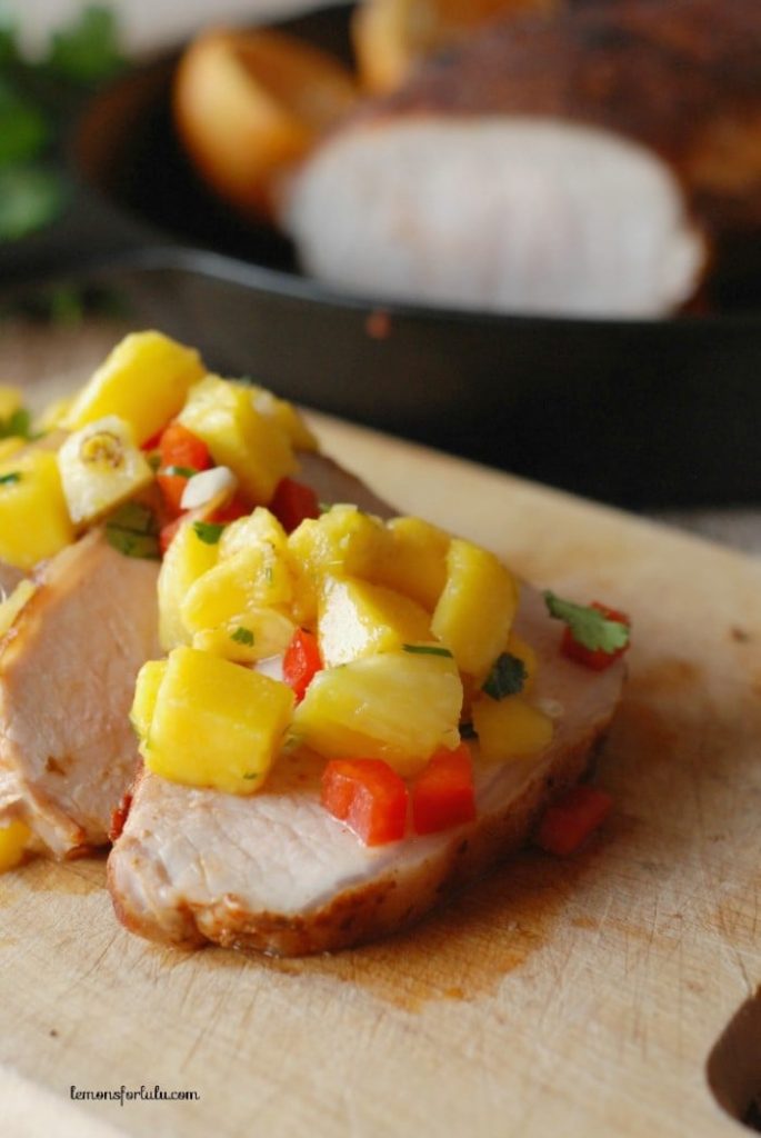 Smoky Pork Loin with Pineapple Mango Salsa via Lemons for Lulu; Meal Plans Made Simple
