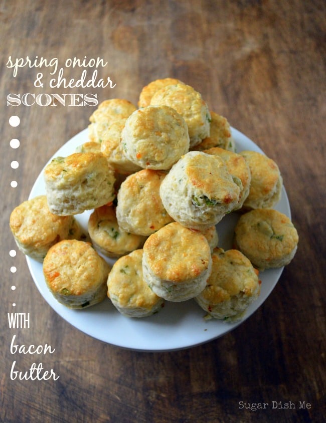 Spring Onion Scones with Cheddar and Bacon Butter via www.sugardishme.com