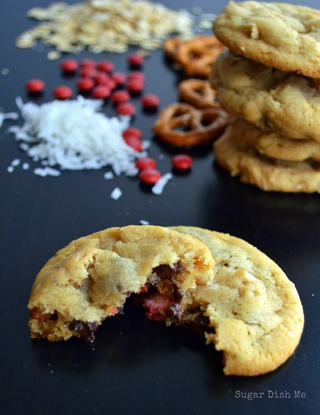 Trail Mix Cookies with pretzels and cashews and chocolate