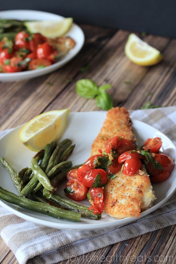 Panko Crusted Tilapia with Tomato Basil Sauce via Joyful Healthy Eats; <eal Plans Made Simple