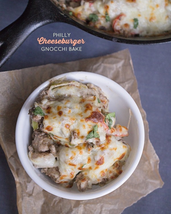 Philly Cheeseburger Gnocchi Bake via This Gal Cooks; Meal Plans Made Simple