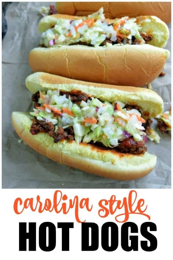 Carolina Style Hot Dogs with chili and slaw