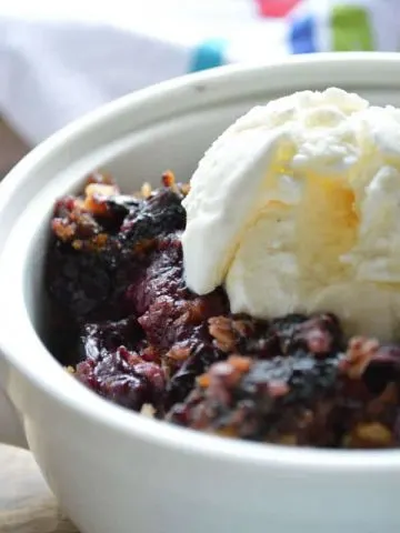 Slow Cooker Blueberry Coconut Cobbler warmed with ice cream on top