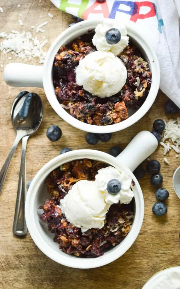 Slow Cooker Blueberry Coconut Cobbler with ice cream! The perfect summer treat!