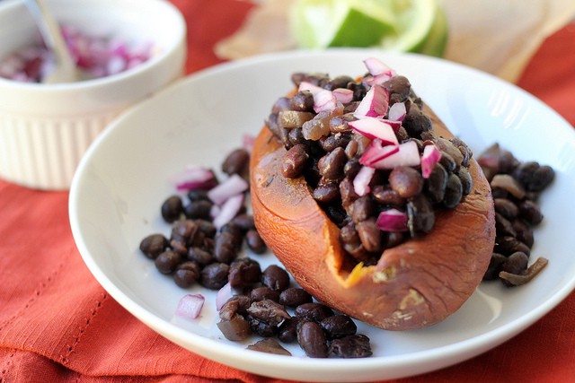 Slow Cooker Black Bean Ragout on Roasted Sweet Potatoes