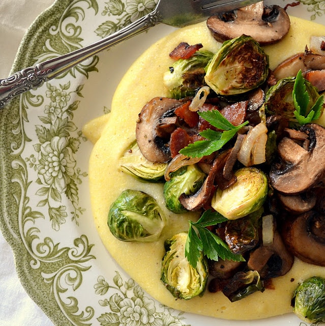 Polenta with Brussels Sprouts and Mushrooms via The View From Great Island