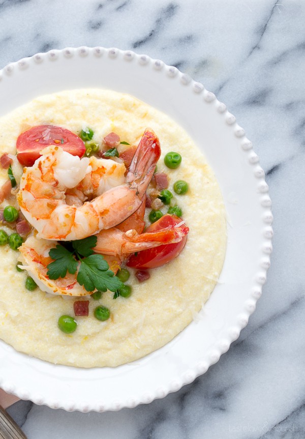 Shrimp with Pancetta and Peas over Soft Polenta via Taste Love & Nourish