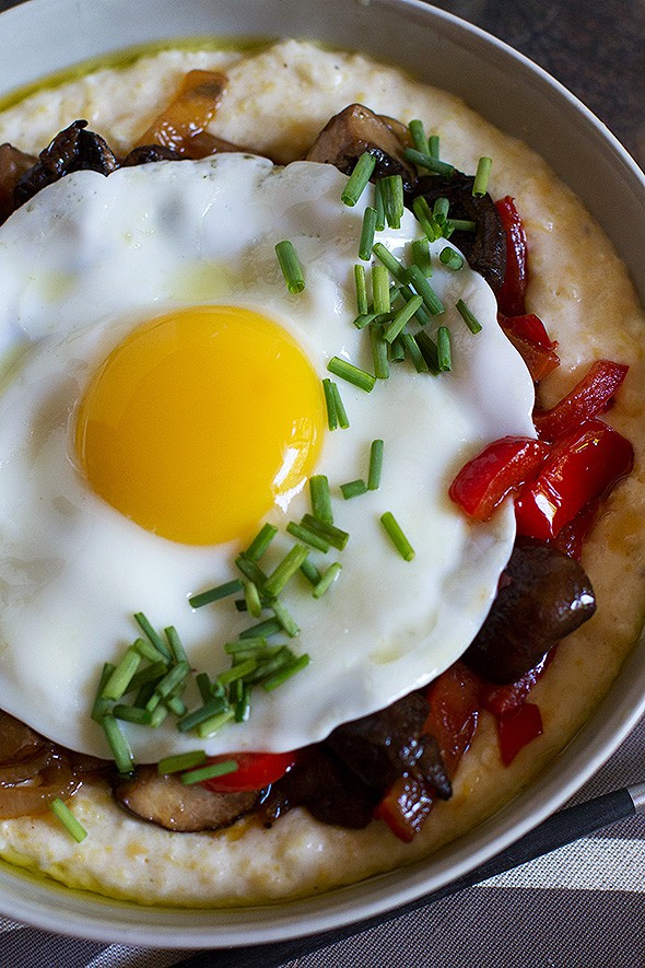 Creamy Polenta with Melted Peppers and Mushrooms via Aida Mollencamp