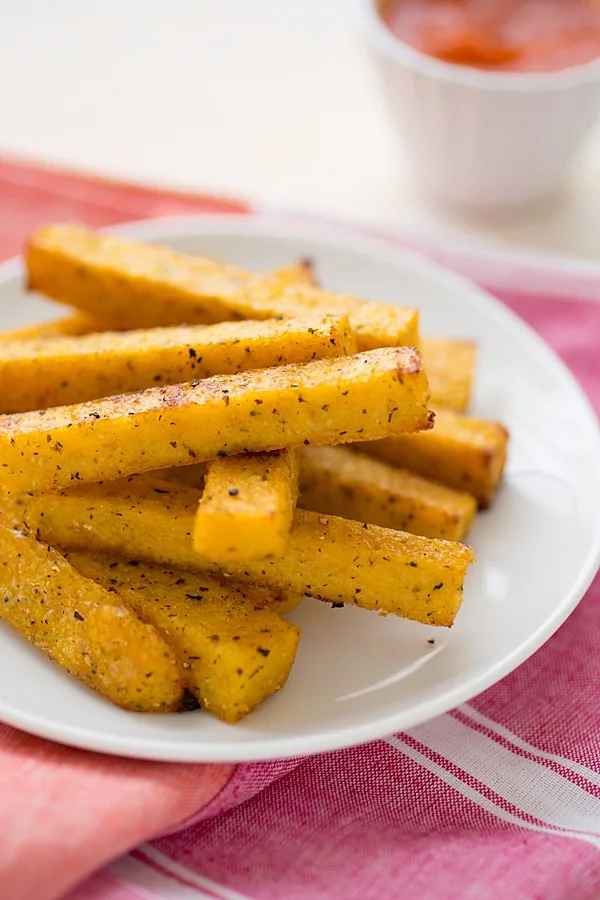 Baked Polenta Fries with Garlic Tomato Sauce via Oh My Veggies