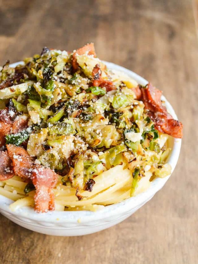 Linguine Carbonara with Bacon and Crispy Brussels Sprouts Sugar Dish Me