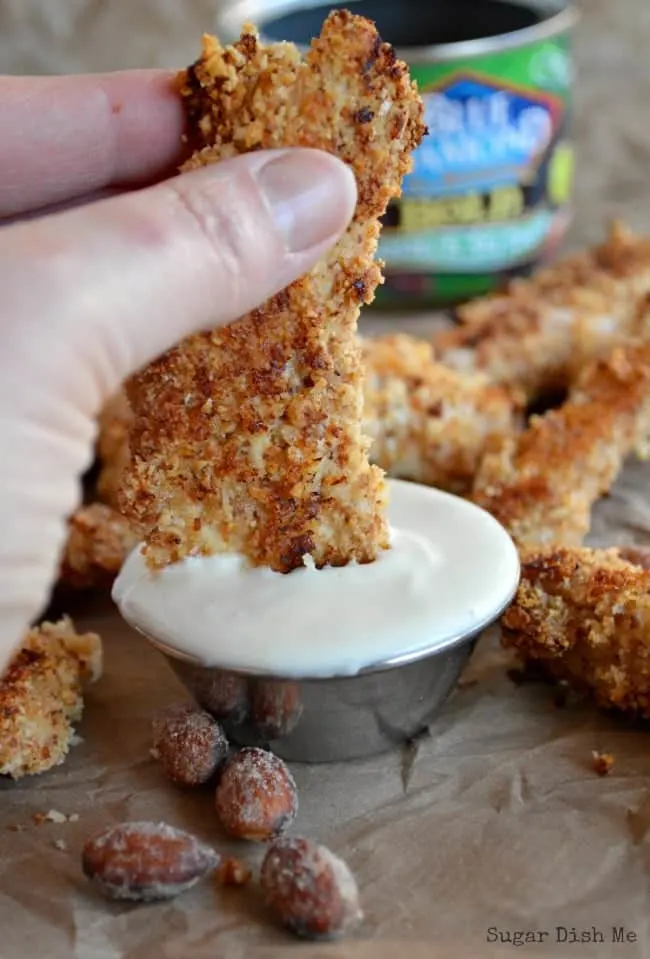 Oven Fried Chicken Fingers with Wasabi Soy Almond Crust and Honey Wasabi  Dipping Sauce