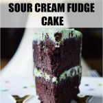 Sour Cream Fudge Cake Pinterest Pin photo of a cake slice with text