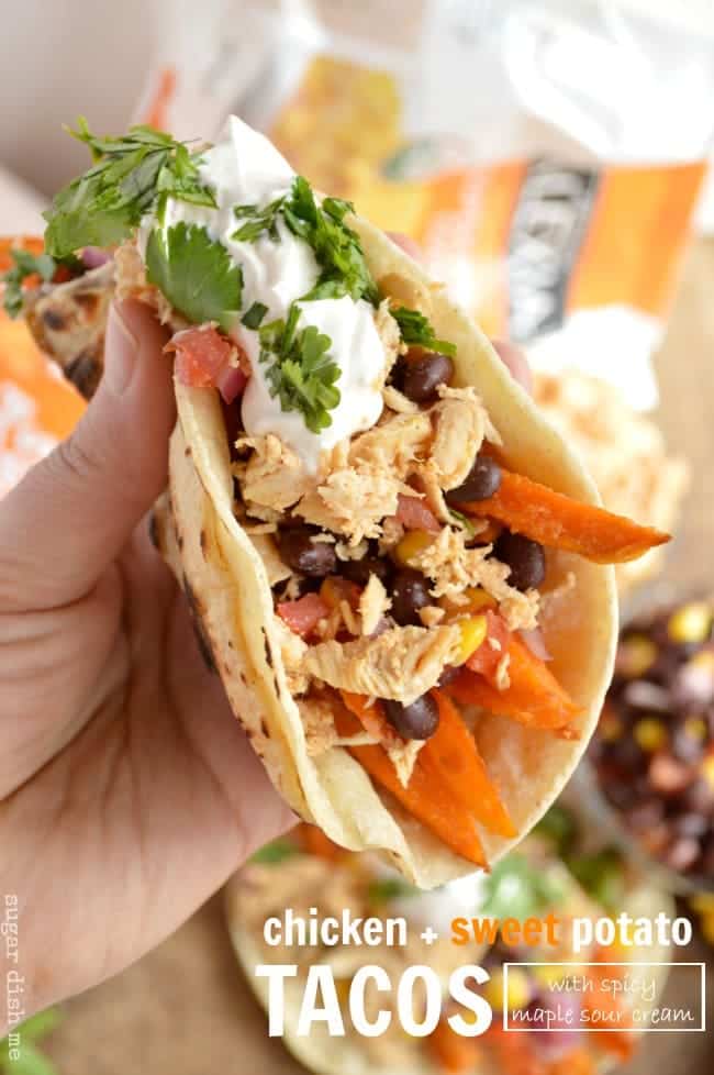 Chicken and Sweet Potato Tacos with Spicy Maple Sour Cream