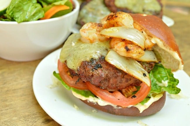 Grilled Burgers topped with Grilled Shrimp with Honey Habanero Mayo