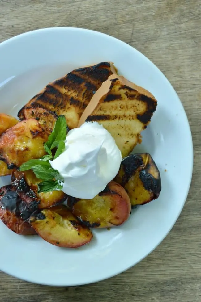 Grilled Pound Cake with Grilled Peaches and Whipped Cream
