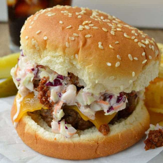 Cheeseburgers with Chili and Slaw