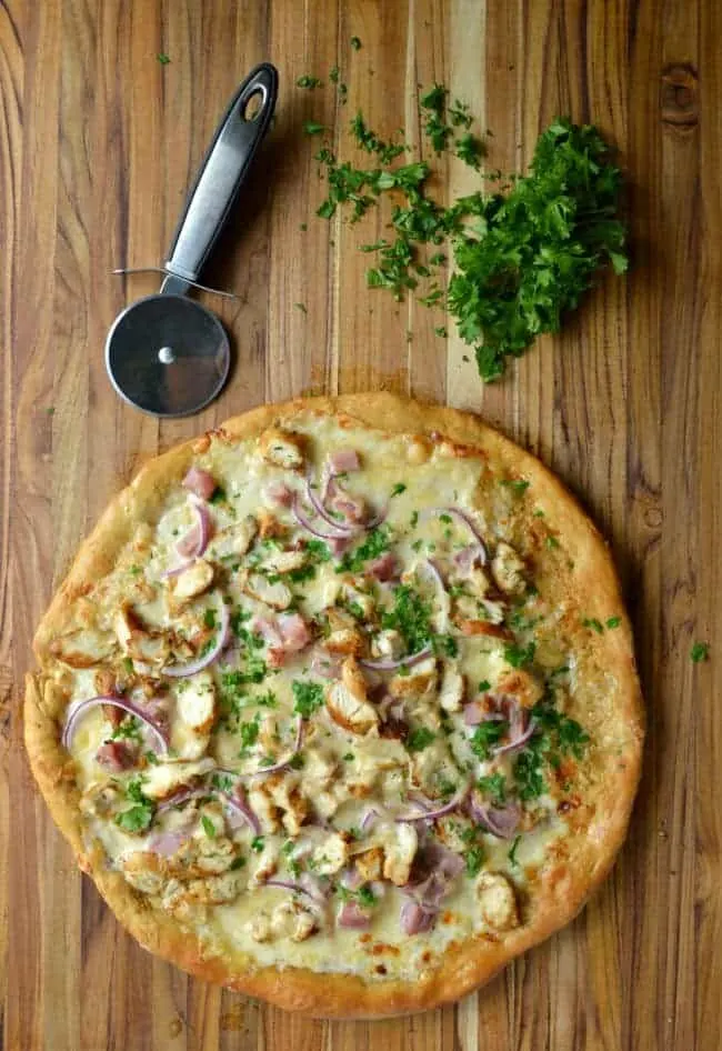 Chicken and Ham Pizza with Creamy Garlic Sauce
