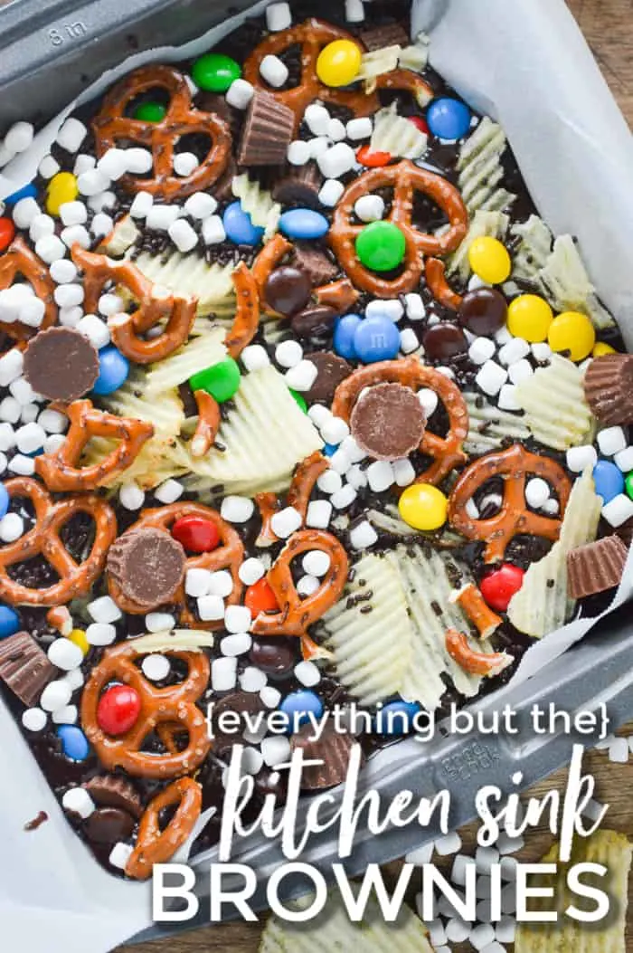 Everything but the Kitchen Sink Brownie Batter with potato chips, mini marshmallows, pretzels, m & m's, a Reese's Cups