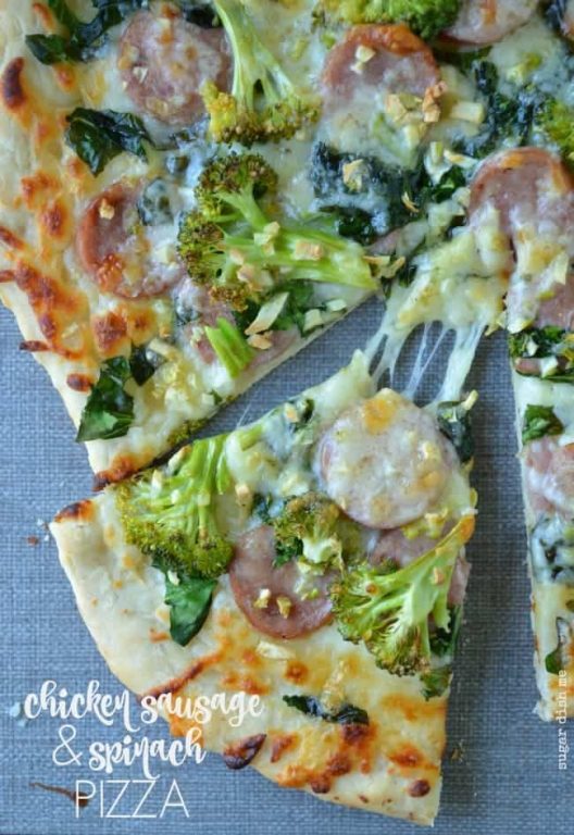 Chicken Sausage and Spinach Pizza with Garlic Sugar Dish Me